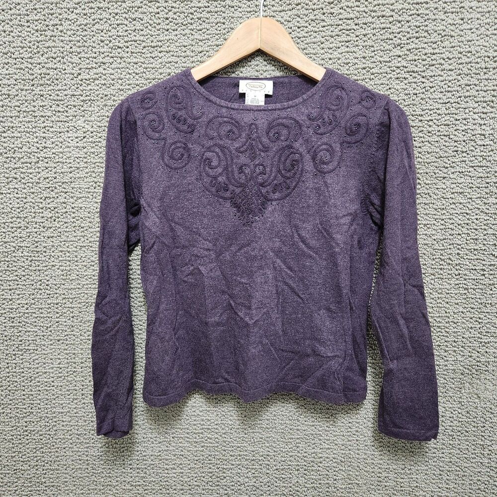 TALBOTS PETITES Women’s Purple Beaded Embroidered Swirl Knit Sweater Top Size M